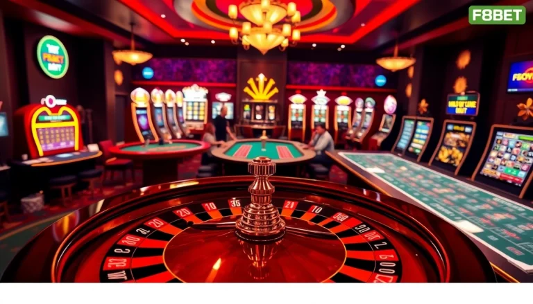 Experience excitement at https://f8bet.ventures/ with vibrant casino scenes featuring roulette wheels and poker tables.
