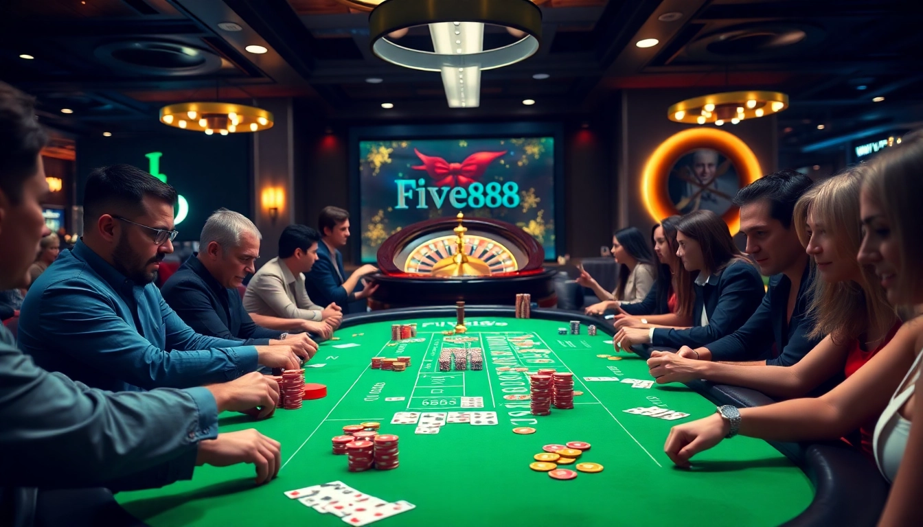 Experience the thrill of FIVE88 as players engage in lively card games at a luxurious casino table.