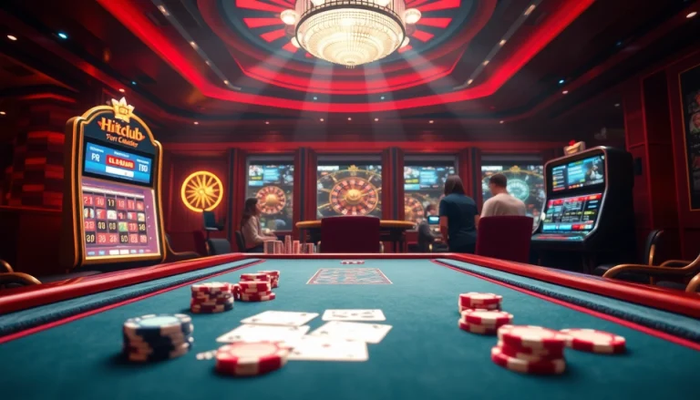Exciting casino scene with vibrant elements of nhà cái Hitclub, featuring cards, poker chips, and roulette wheels.