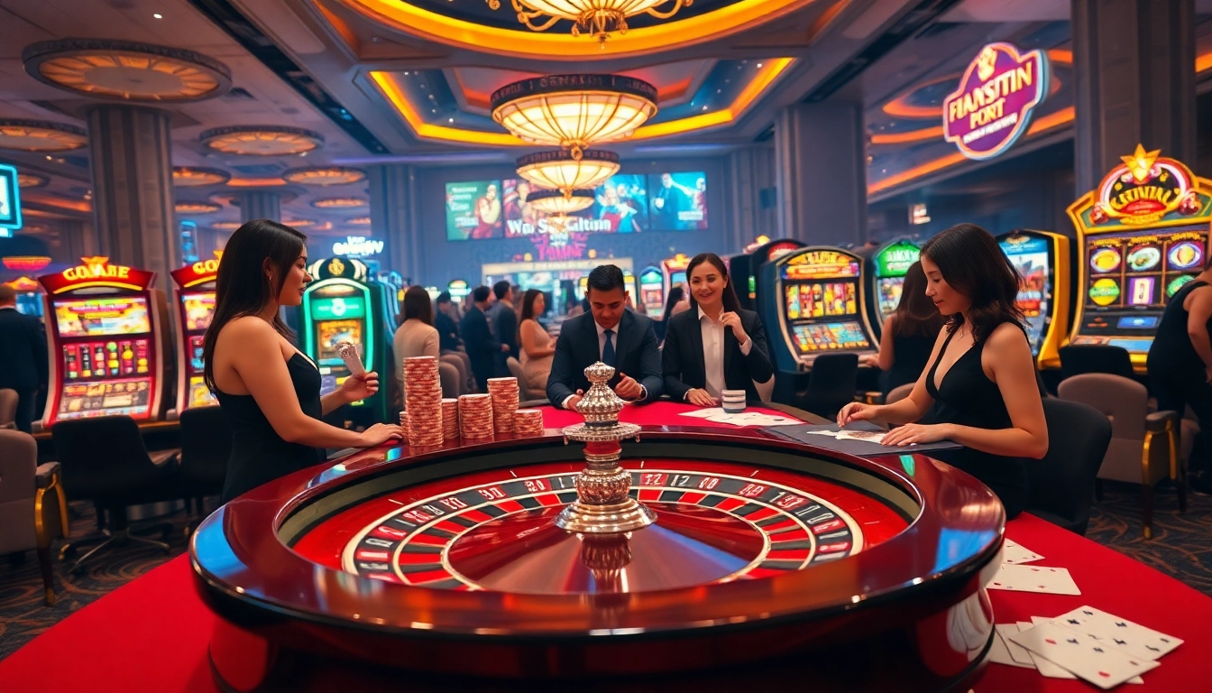 Engage with Nhà cái Kuwin in a vibrant casino scene featuring luxurious tables and exciting games.