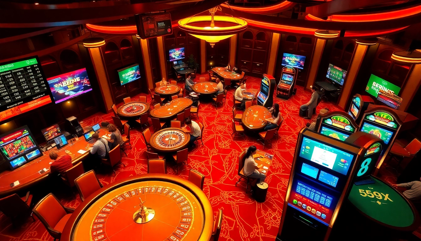 Exciting casino environment featuring gaming tables and slot machines at 559X online betting platform.