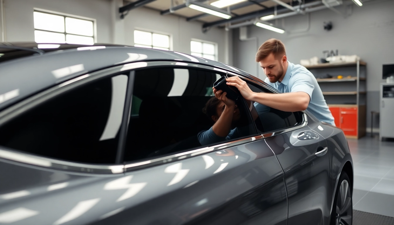 Install auto window tint near me with a professional technician in a luxury garage.