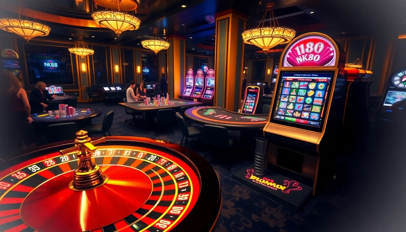 Excited players engage in NK88 game at a luxury casino, showcasing vibrant tables and glowing slot machines.