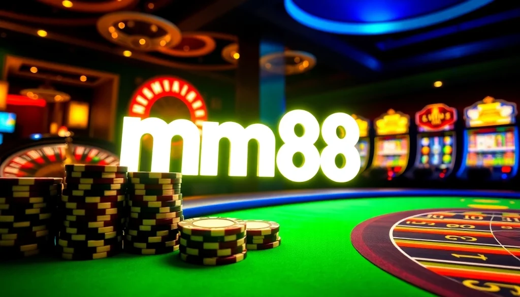Exciting gameplay at mm88 casino with vibrant slot machines and colorful poker chips.