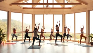 静かなスタジオでポーズをとるホットヨガのクラス、ホットヨガ おすすめを強調。