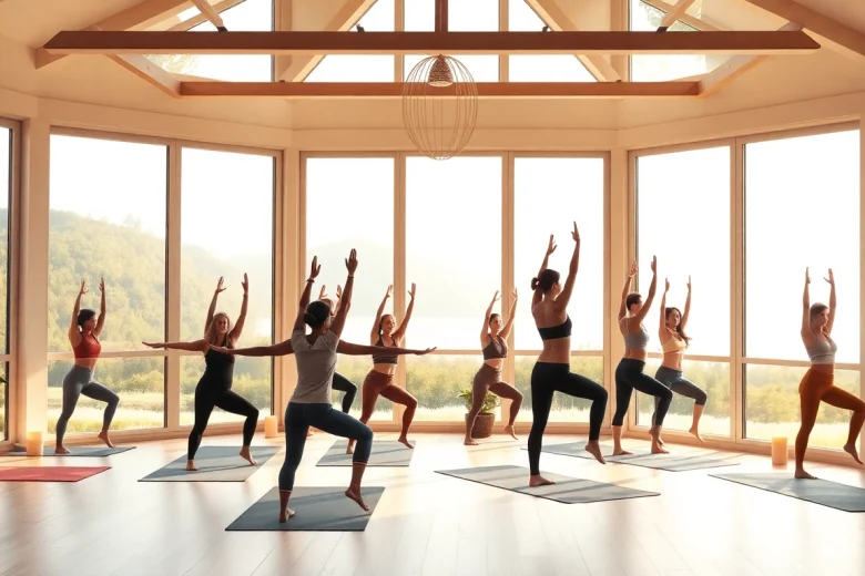 静かなスタジオでポーズをとるホットヨガのクラス、ホットヨガ おすすめを強調。