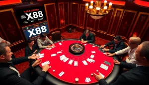 Exciting casino gameplay at X88 poker table with vibrant decor and intense action.