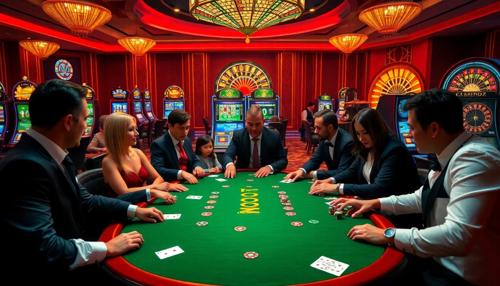 Players enjoy a thrilling SODO-themed poker game amidst a vibrant casino atmosphere.