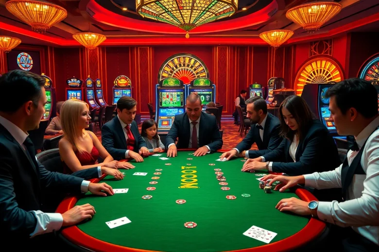 Players enjoy a thrilling SODO-themed poker game amidst a vibrant casino atmosphere.