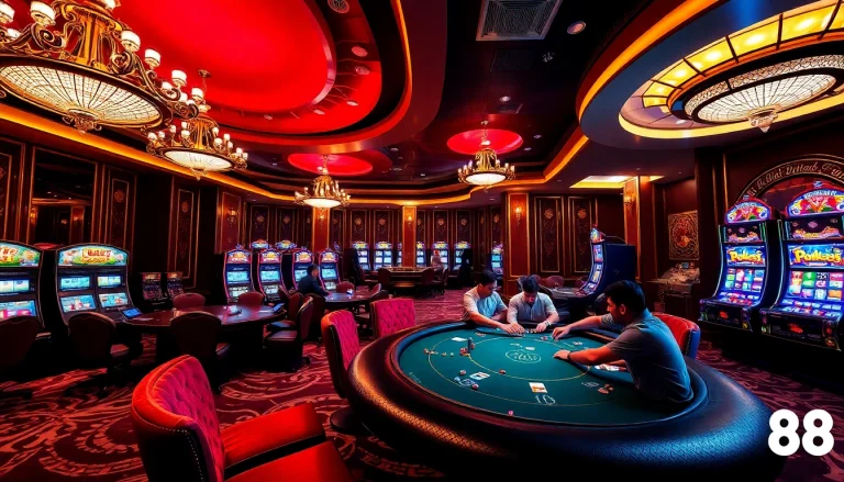 Experience the excitement of ww88 with a vibrant casino scene featuring poker games and slot machines.