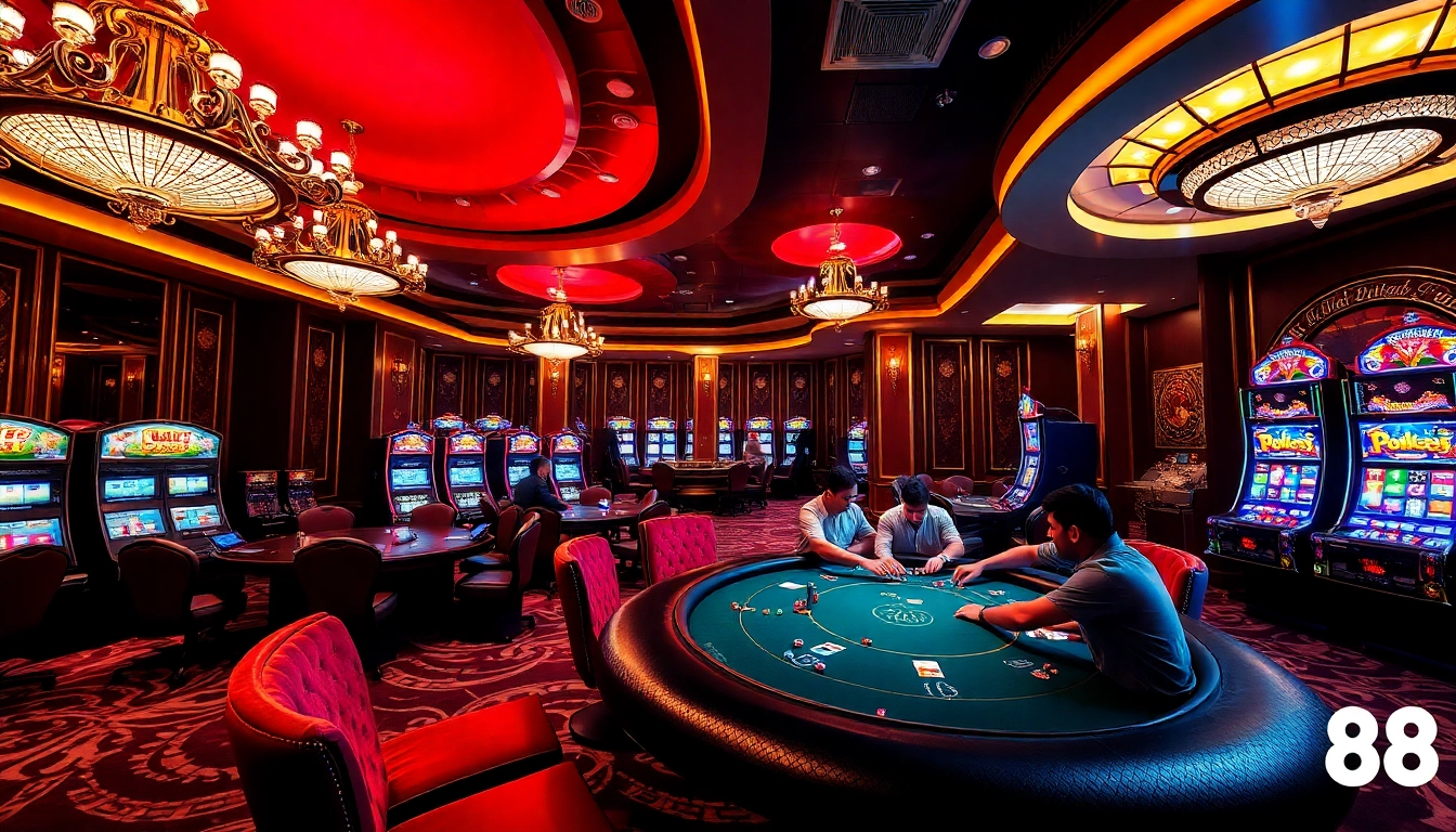 Experience the excitement of ww88 with a vibrant casino scene featuring poker games and slot machines.