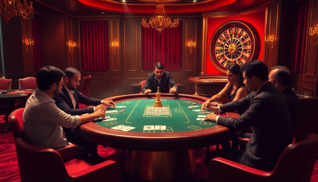 Nova88 players enjoying a high-stakes poker game at a luxurious casino table.