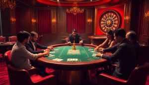 Nova88 players enjoying a high-stakes poker game at a luxurious casino table.