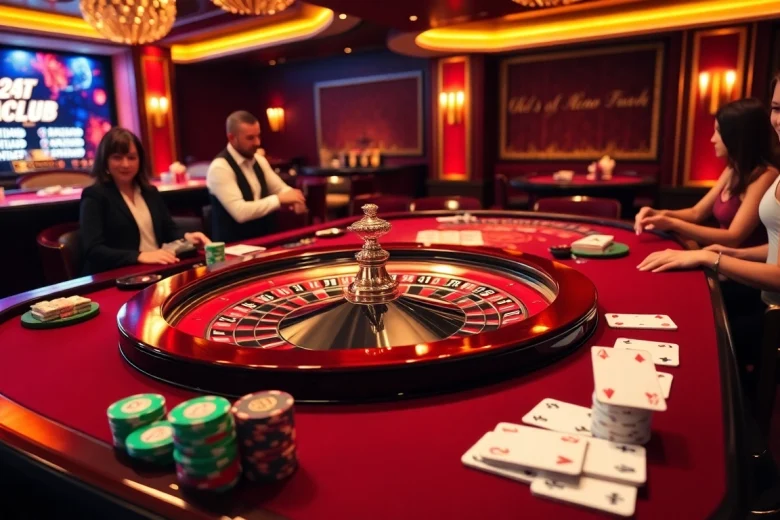 Trải nghiệm sự hứng khởi của 24kclub với lối chơi casino sống động, có chip poker và các lá bài.