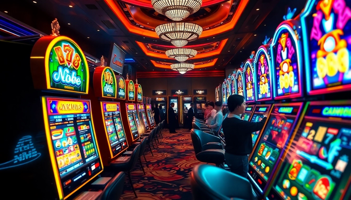 Nổ Hũ NK88 players enjoying slot machines with vibrant jackpots and thrilling visuals