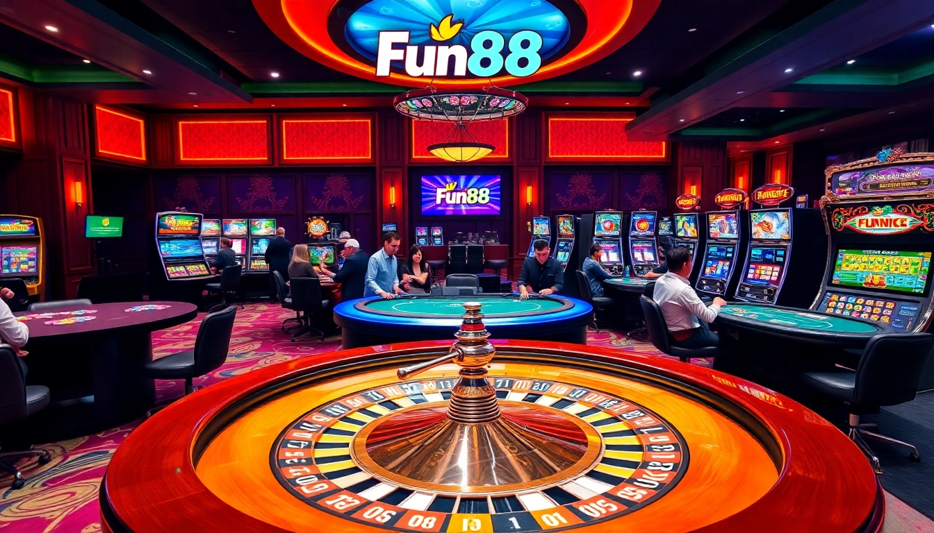 Experience thrilling gaming with Fun88 at a professional casino setting with roulette and poker tables.