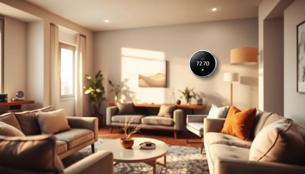 Adjust a Smart thermostat for optimal comfort in a modern living room setting.