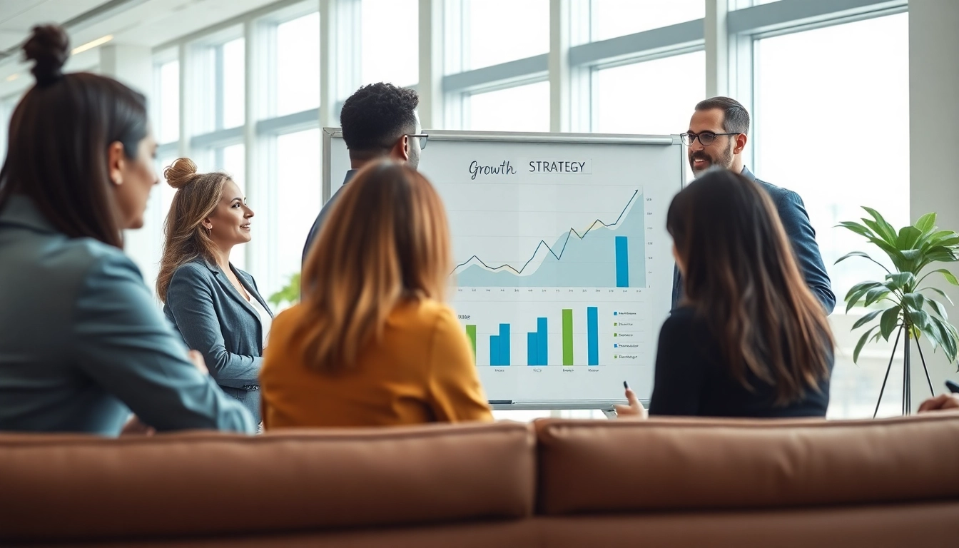 Engaged team discussing growth strategy trends in a modern office, highlighting collaboration.