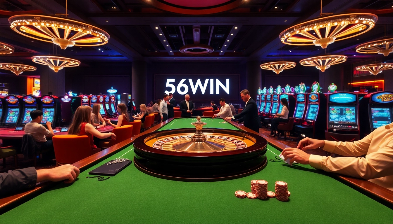 Exciting gaming atmosphere at 56WIN casino, featuring roulette, poker tables, and vibrant slot machines.