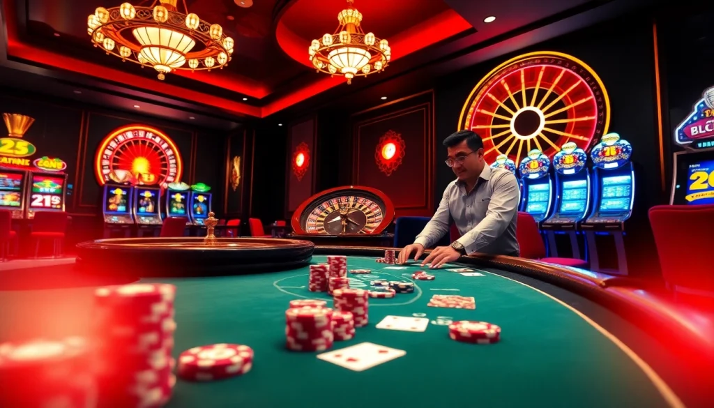Sbobet sports betting action with vibrant casino atmosphere featuring roulette and poker.