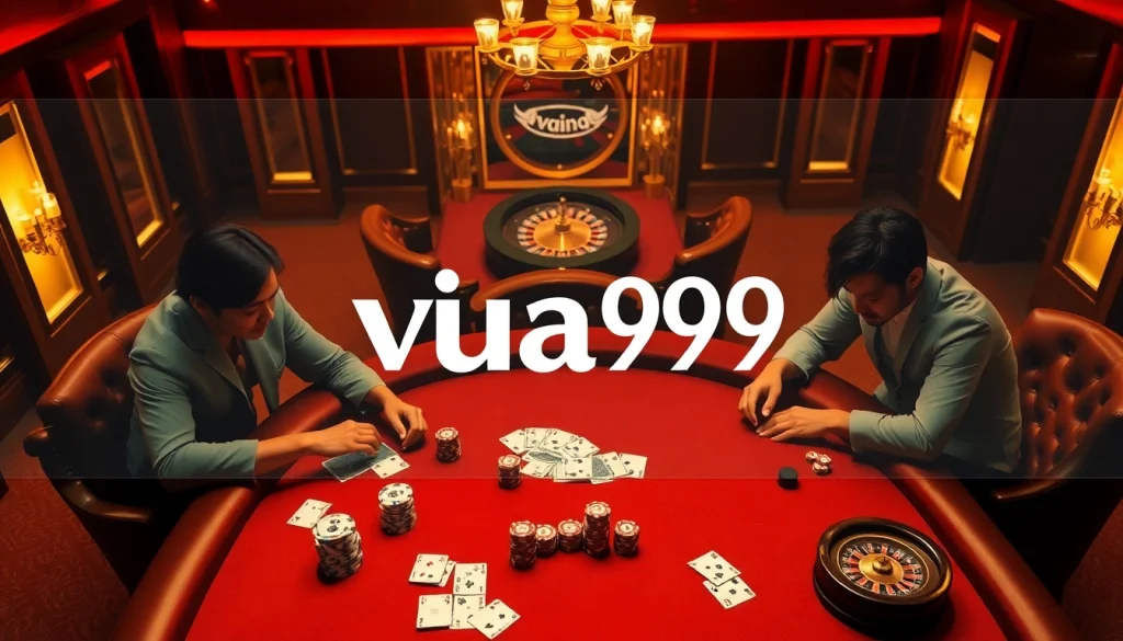 Experience the thrill of playing poker at a luxurious Vua99 casino table adorned with vibrant chips and cards.