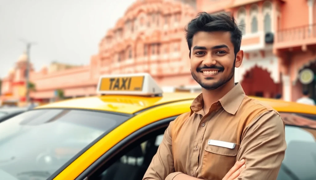 Jaipur Taxi Service: Friendly driver with a clean taxi in vibrant Jaipur.