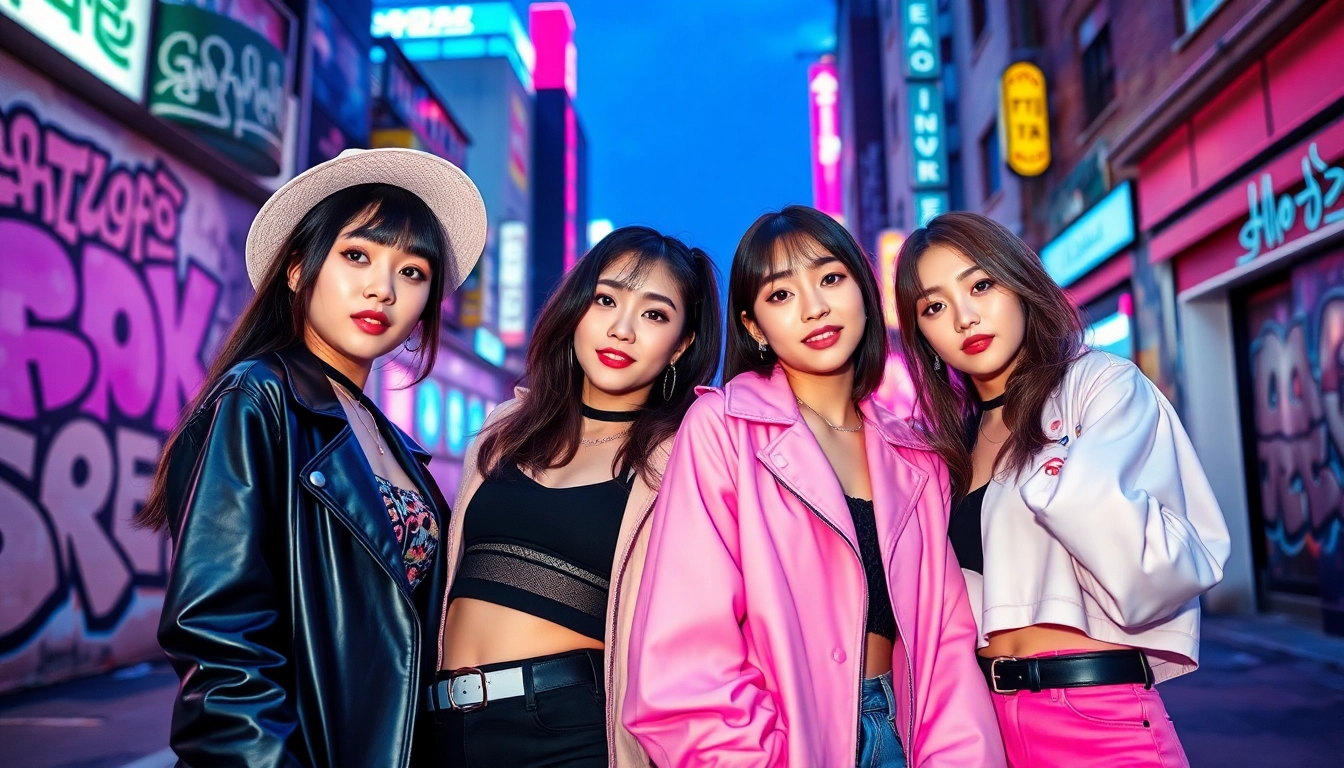 Blackpink members unite in a vibrant urban scene, showcasing their unique styles and energy.