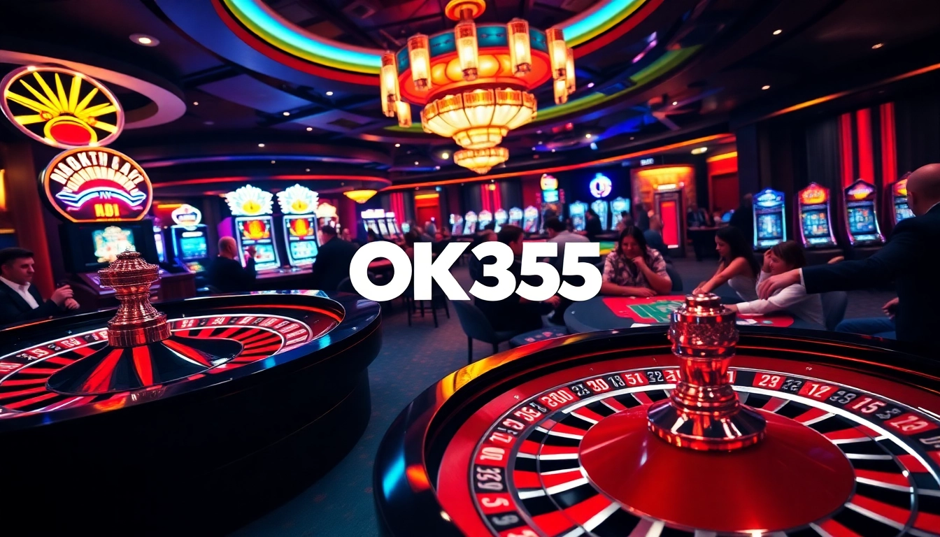 Engaging gamblers at an exciting OK365 casino scene with roulette and slot machines.