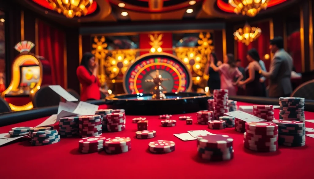 Experience high-stakes excitement at gg88.tech with a vibrant casino scene filled with poker chips and cards.
