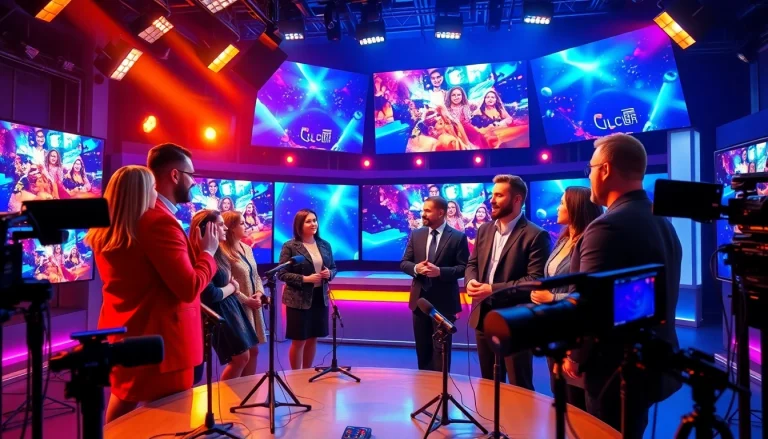 Vibrant television studio with presenters discussing digital content, highlighting Lauthaitv innovation.