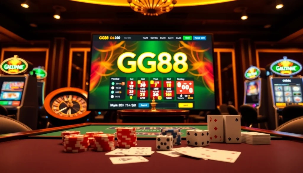 Experience thrilling gaming action at GG88, featuring vivid casino elements and online betting excitement.