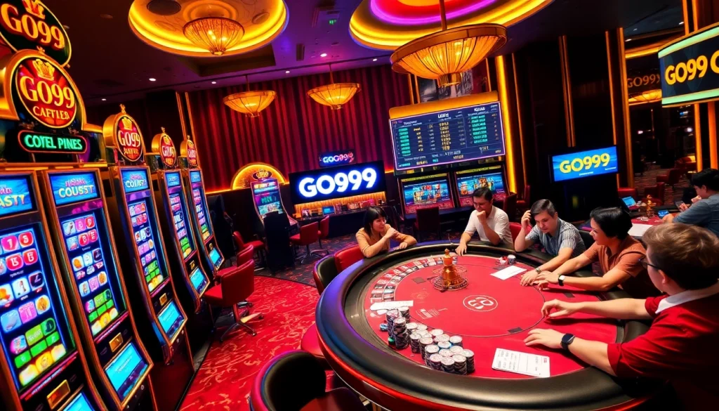 Players enjoying exciting casino games at GO99 with vibrant slot machines and poker tables.