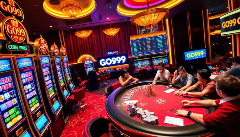 Players enjoying exciting casino games at GO99 with vibrant slot machines and poker tables.