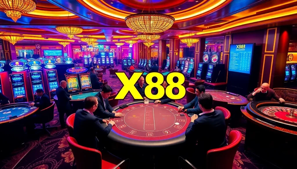 Players experiencing the excitement of XX88 at a luxurious casino, surrounded by vibrant games and strategic play.