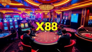 Players experiencing the excitement of XX88 at a luxurious casino, surrounded by vibrant games and strategic play.