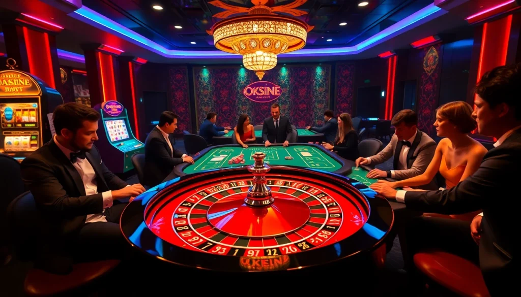 A thrilling casino ambiance with players at a roulette wheel and poker table, featured at https://okfun.uk.net/.