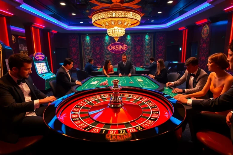 A thrilling casino ambiance with players at a roulette wheel and poker table, featured at https://okfun.uk.net/.