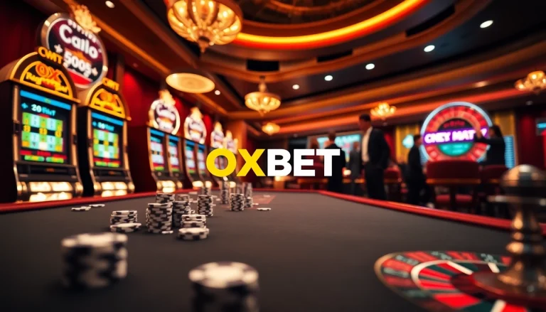 Exciting casino scene at OXBET featuring vibrant slot machines and engaging players at a poker table.