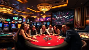Experience the thrill of Nohu90 with vibrant casino gaming scenes featuring poker and slot machines.