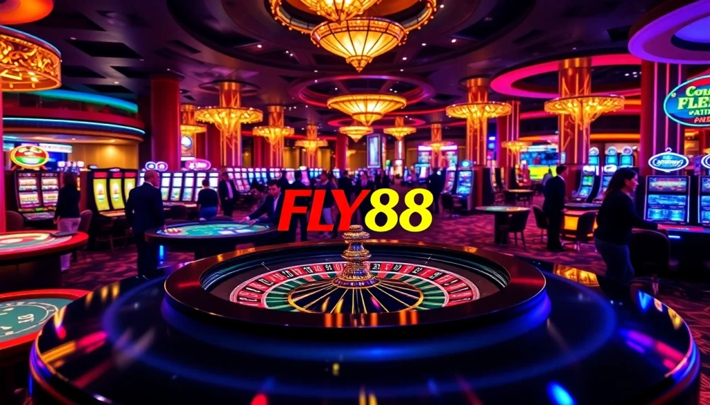 Experience thrilling gameplay at FLY88's state-of-the-art casino featuring poker tables and slot machines.