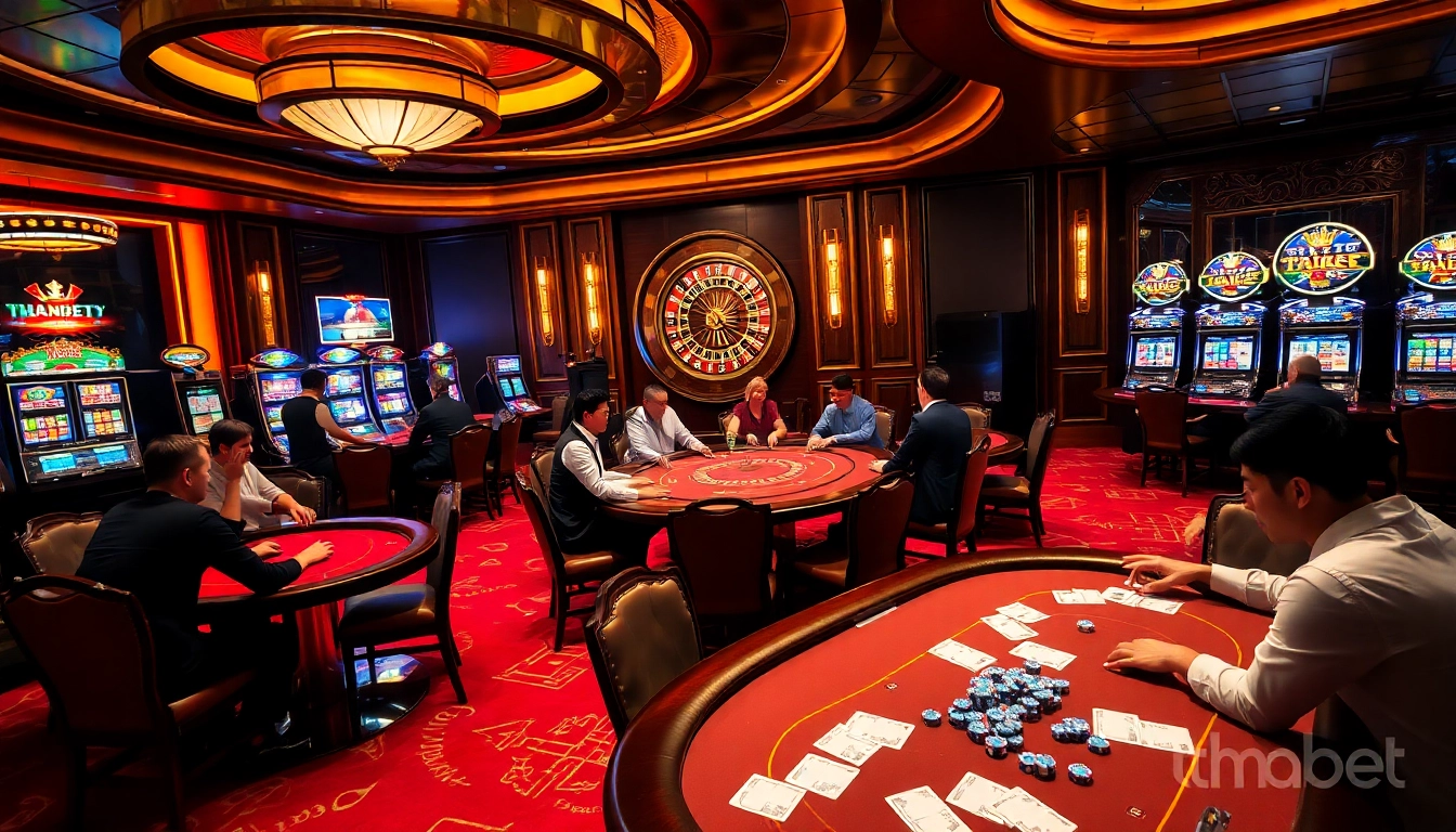 Thabet casino scene with luxurious tables, excited players, and colorful slot machines.
