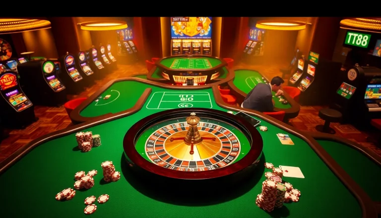Engaging casino scene depicting TT88 poker chips and roulette wheel excitement.
