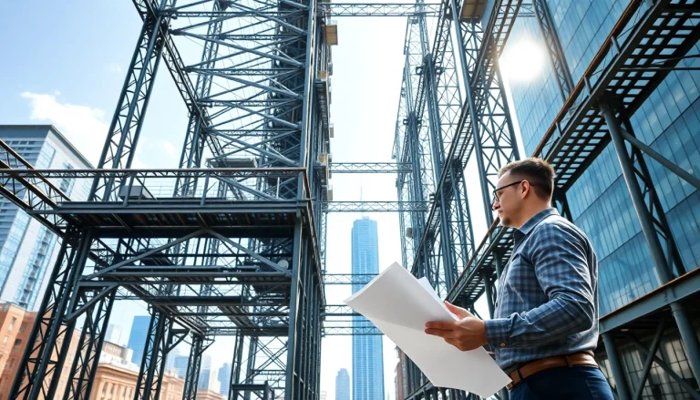 Steel structure design image featuring a modern building with intricate steel beams.