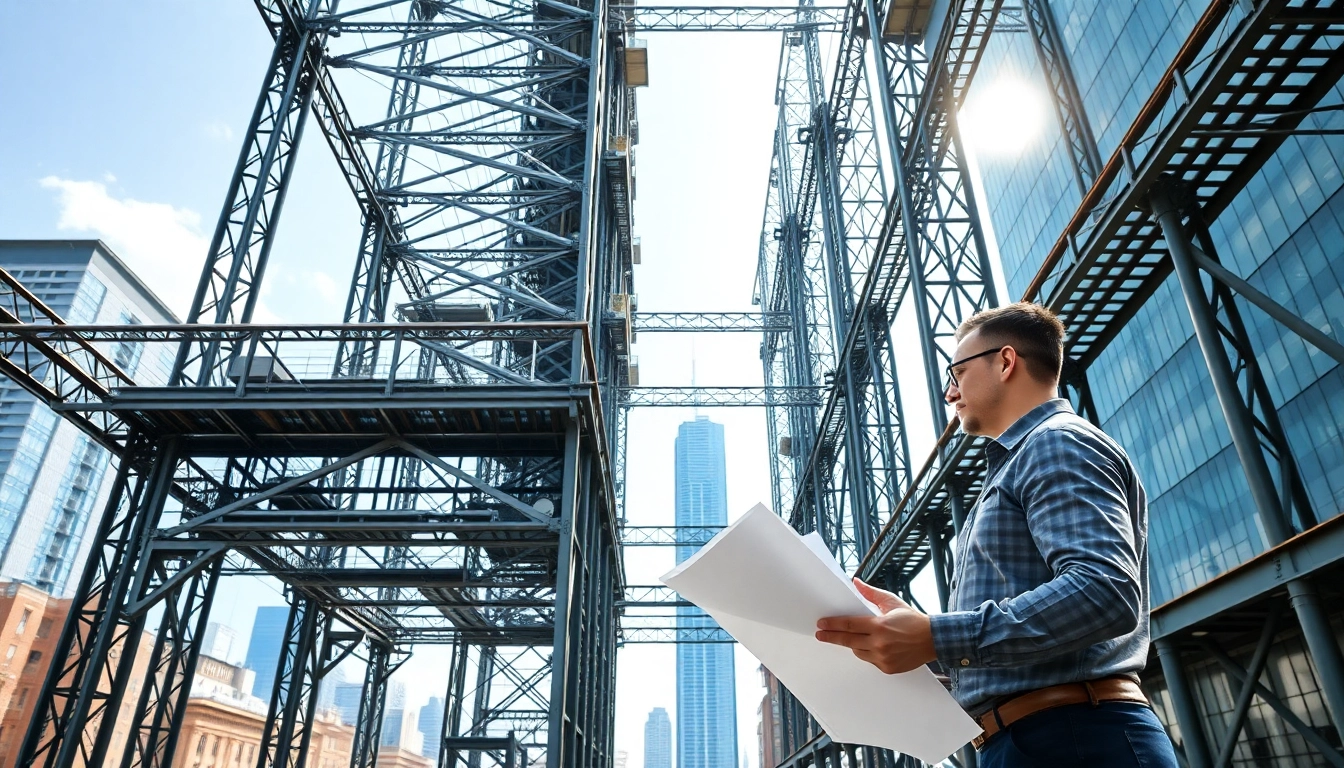 Steel structure design image featuring a modern building with intricate steel beams.