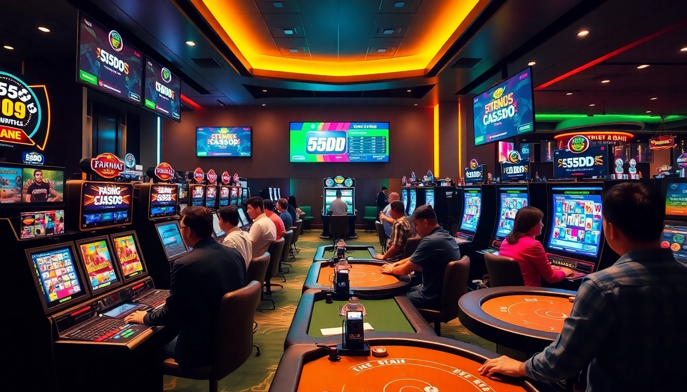 55DD online betting scene featuring diverse players engaged at digital gaming stations