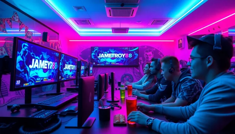 Dynamic gaming scene featuring JAMETKUPROY88 with vibrant colors and diverse players.