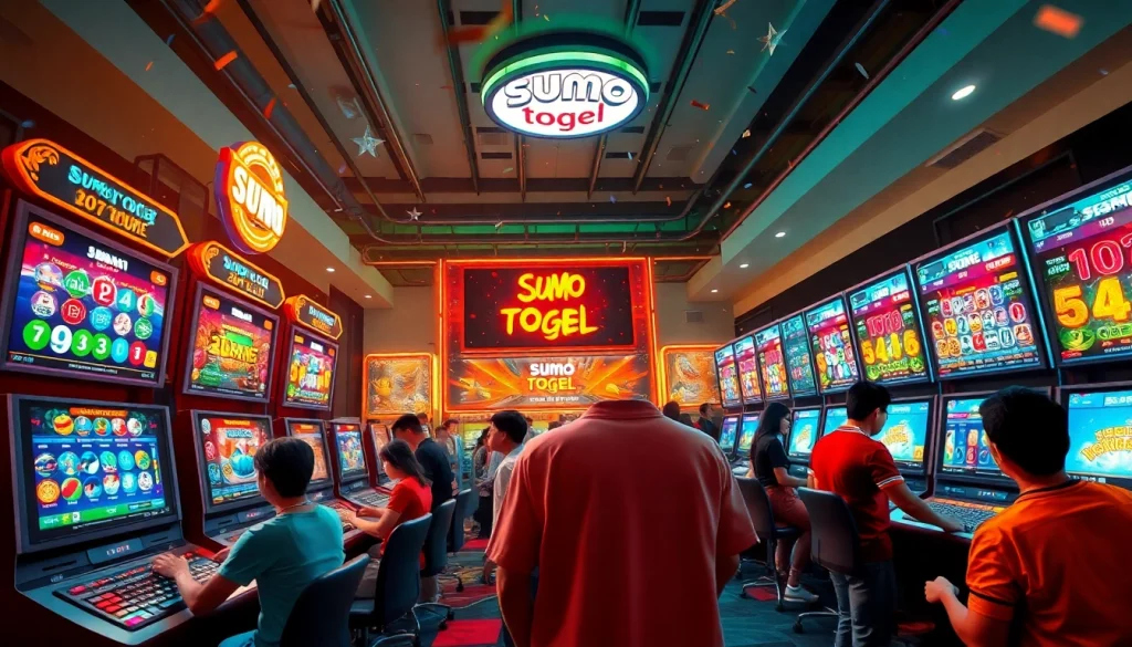 Adegan permainan togel online yang seru di Togelsumo dengan antarmuka digital yang hidup dan momen kemenangan.
