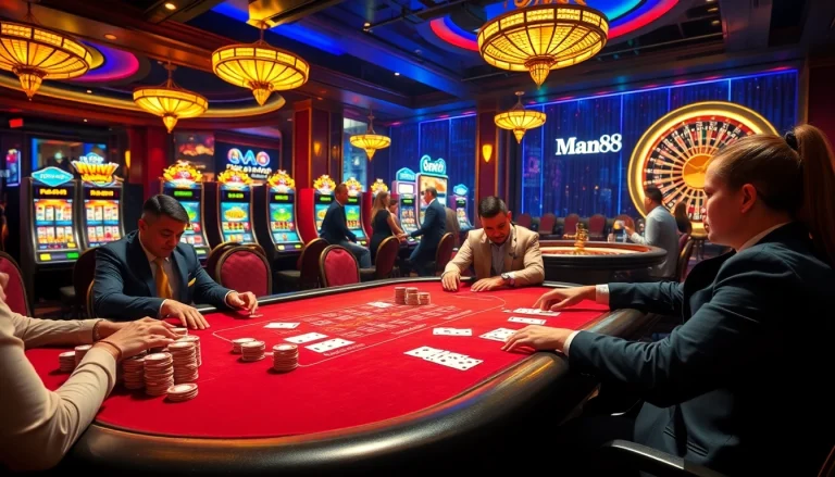 Exciting casino scene featuring gamblers at Man88 poker tables, surrounded by vibrant slot machines.