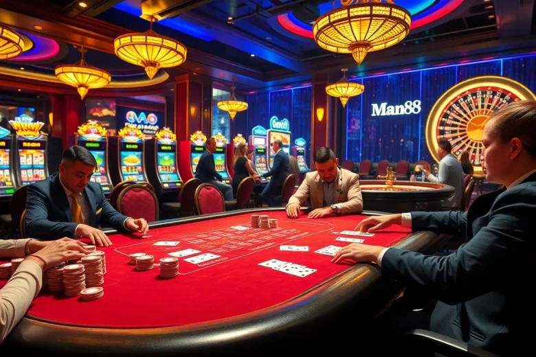 Exciting casino scene featuring gamblers at Man88 poker tables, surrounded by vibrant slot machines.