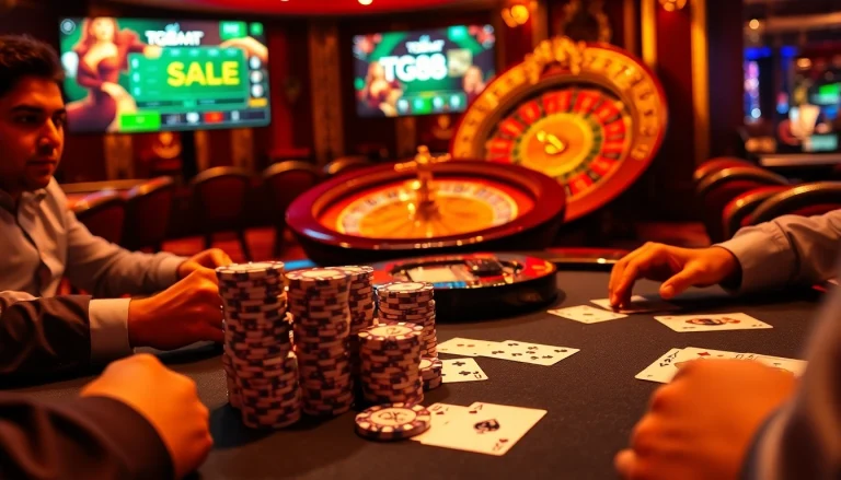 Experience the excitement of tg88 sale in a vibrant poker scene with players and luxurious decor.